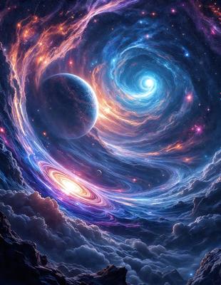 The primary subject of the image is a colorful and intricate spiral pattern, which is set against a backdrop of a dark, starry sky. The visual style of the image is a combination of digital art and illustration, creating a vibrant and dynamic scene. The colors and mood of the image are predominantly dark and moody, with the spiral pattern providing a contrasting burst of color and energy.